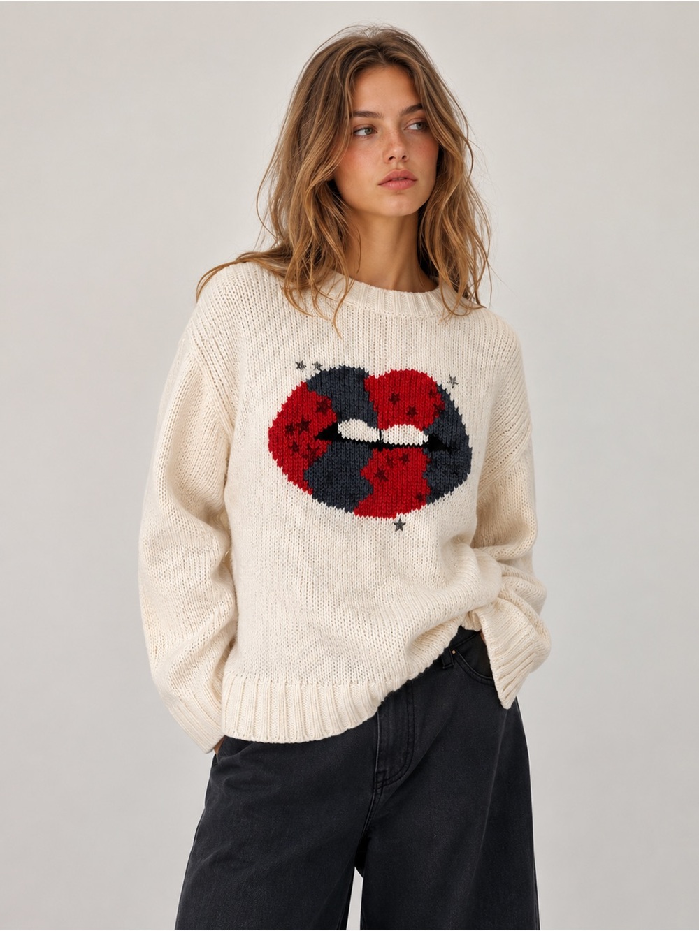 Wooden Ships Lip Graphic Chunky Knit Sweater‎ Cream Mohair Wool Blend XS